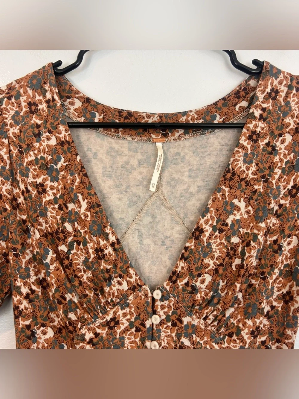 Free People Brown Disty Floral V-neck Short Puff Sleeve Button Front Top Size XS